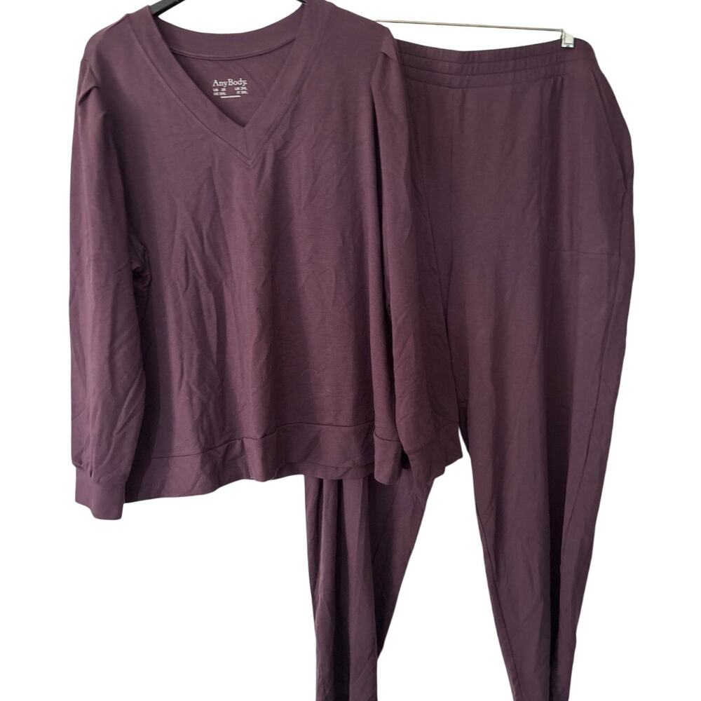 AnyBody Regular Knit French Terry Top Pant Set Plus Size 2X EggPlant